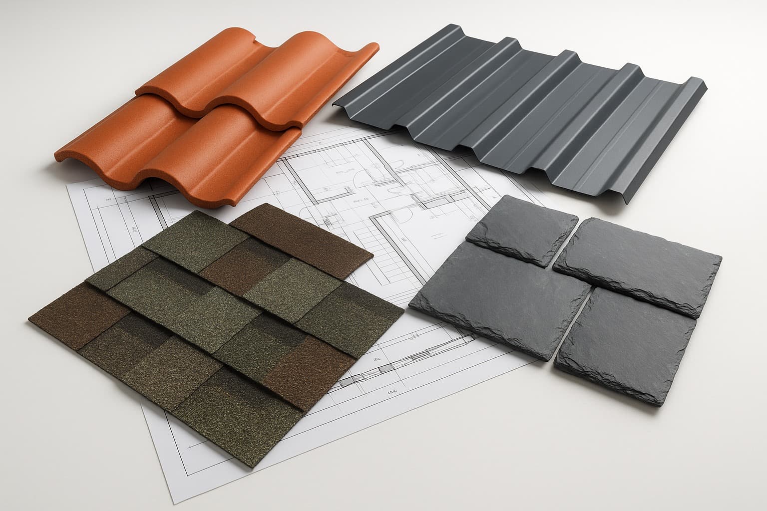 Different roofing material samples including asphalt, metal, tile, and slate