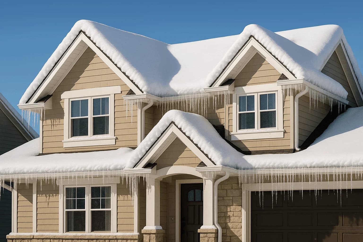 New England winter roofing with snow-covered homes