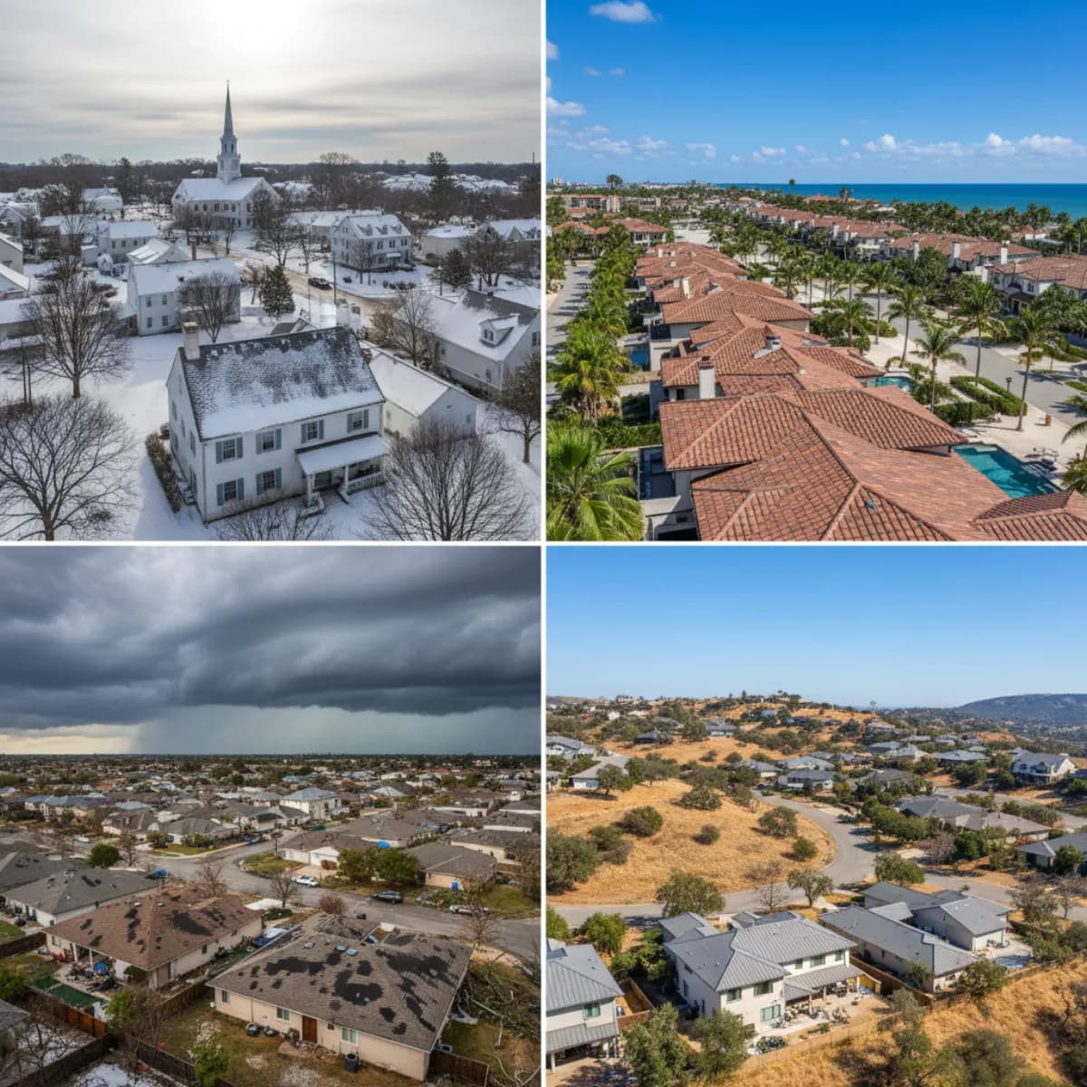 Four climate zones showing different roofing materials — snowy New England, Florida tile roofs, Texas hail damage, California wildfire-resistant metal