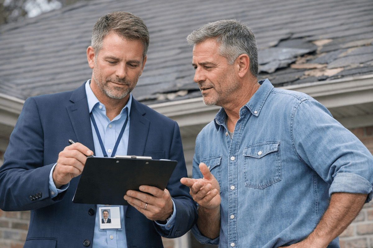 Insurance adjuster discussing claim with homeowner