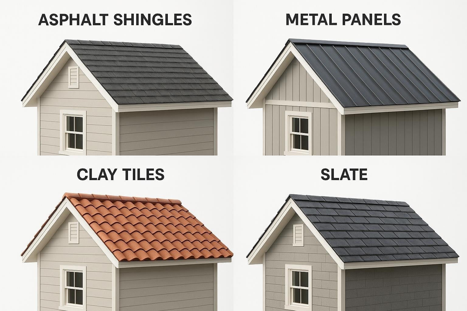 Professional display of various roofing materials including shingles, metal, slate, and tiles
