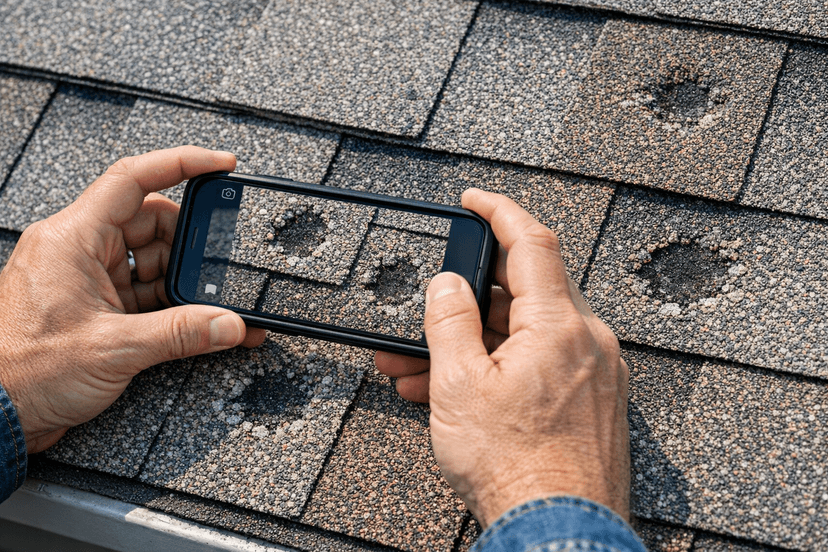 Homeowner documenting hail damage on roof shingles with smartphone