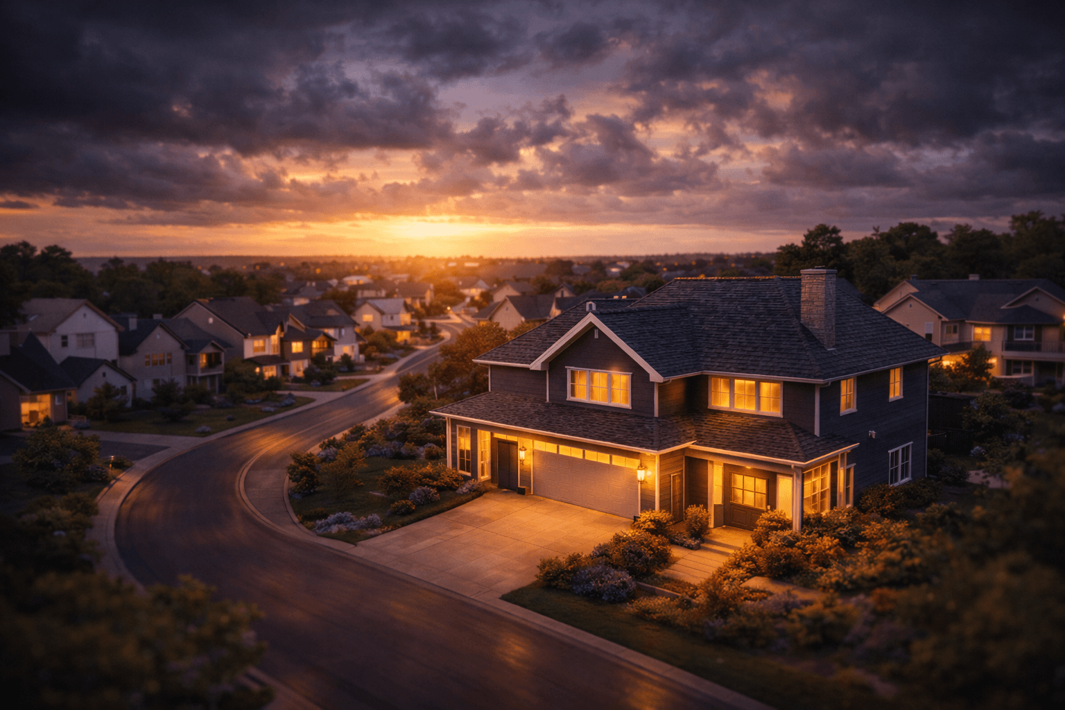 Suburban home at sunset with architectural shingle roof