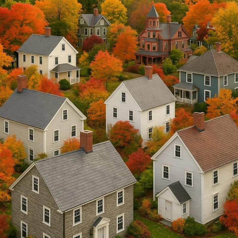 Aerial view of Northeast residential neighborhoods with various roof types