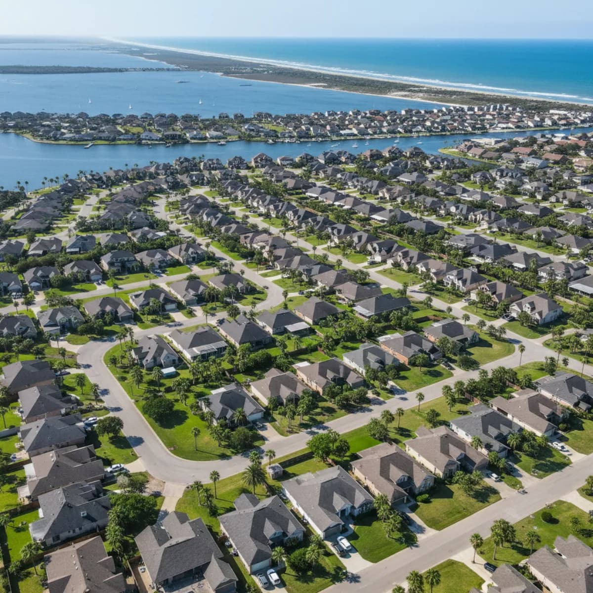 Corpus Christi TX residential roofing with Gulf Coast backdrop